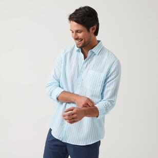 JC Lanyon Men's Highbrook Linen Cotton Long Sleeve Shirt Aqua Stripe