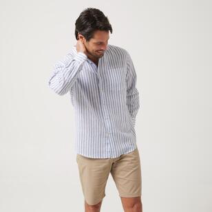 JC Lanyon Men's Highbrook Linen Cotton Long Sleeve Shirt Navy & Stripe