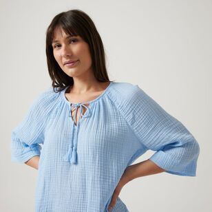 Khoko Collection Women's Double Cloth Peasant Top Blue