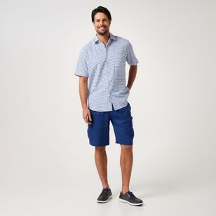 JC Lanyon Men's Linen Cotton Check Short Sleeve Shirt Blue Black
