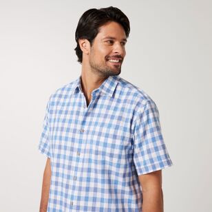 JC Lanyon Men's Brawley Linen Cotton Check Short Sleeve Shirt Blue Check