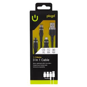 Plugd 3 In 1 Charge & Sync Cable Micro, iPhone & Type C Into USB A