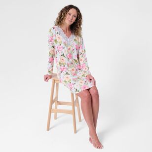 Sash & Rose Women's Lace Bamboo Long Sleeve Nightie Floral