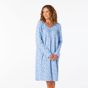 Sash & Rose Women's Satin Trim Long Sleeve Nightie Blue Print