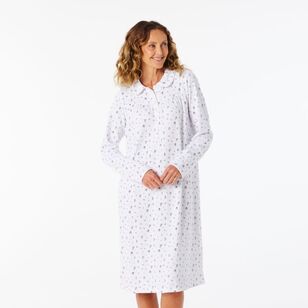 Sash & Rose Women's Long Sleeve Nightie With Collar Ivory & Floral