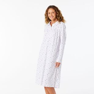 Sash & Rose Women's Long Sleeve Nightie With Collar Ivory & Floral