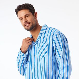 Nic Morris Men's Stripe Long Flannelette PJ Set Light Blue & Stripe