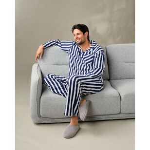 Nic Morris Men's Long Flannelette PJ Set Navy & Stripe