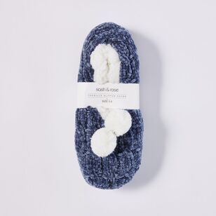 Sash & Rose Women's Knitted Chenille Sherpa Slipper Sock Denim Blue
