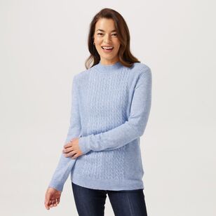 Khoko Collection Women's Cable Roll Neck Classic Jumper Blue Marle