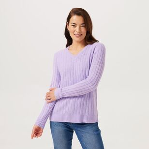 Khoko Collection Women's Soft Touch V Neck Cable Jumper Lilac