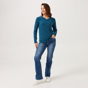 Khoko Collection Women's Soft Touch V Neck Cable Jumper Teal
