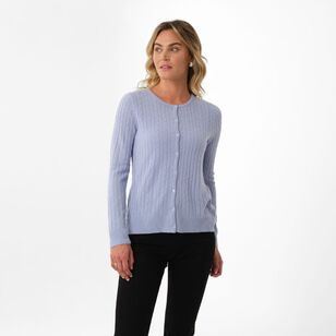 Khoko Collection Women's Soft Touch Crew Cable Cardigan Pale Blue