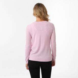 Khoko Collection Women's Soft Touch Crew Cable Cardigan Soft Pink
