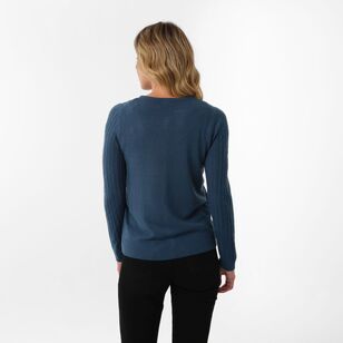 Khoko Collection Women's Soft Touch Crew Cable Cardigan Teal
