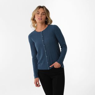 Khoko Collection Women's Soft Touch Crew Cable Cardigan Teal