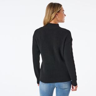 Khoko Collection Women's Cable Sleeve Rib Jumper Black