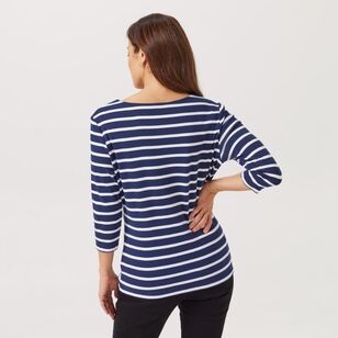 Khoko Collection Women's Stripe Boat Neck Tee with 3/4 Sleeve Navy & White