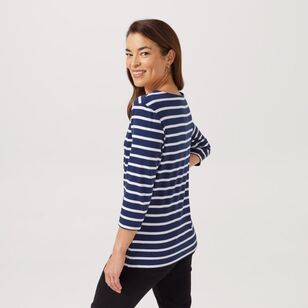 Khoko Collection Women's Stripe Boat Neck Tee with 3/4 Sleeve Navy & White