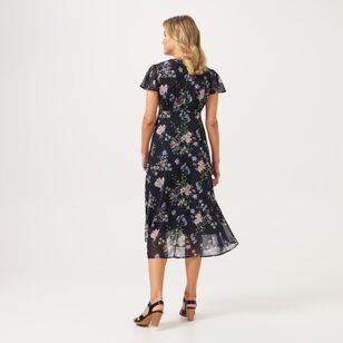 Khoko Smart Women's Flutter Sleeve Midi Dress Black & Print