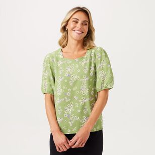 Khoko Smart Women's Puff Sleeve Sweetheart Neck Top Green & Multicoloured