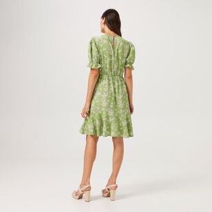 Khoko Smart Women's Puff Sleeve Dress Green & Multicoloured