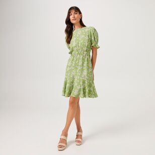 Khoko Smart Women's Puff Sleeve Dress Green & Multicoloured