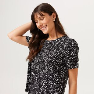 Khoko Smart Women's Jersey Puff Sleeve Top Black & Print