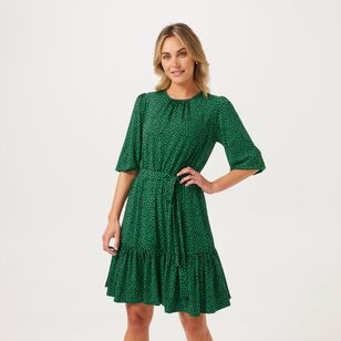 Khoko Smart Women's Frill Hem Jersey Dress Green & Multicoloured