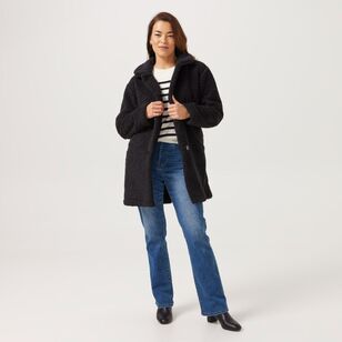 Khoko Collection Women's Long Teddy Fleece Jacket Black