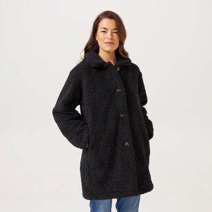 Khoko Collection Women's Long Teddy Fleece Jacket Black