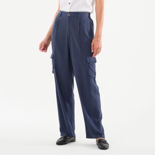 Khoko Collection Women's Cargo Pocket Linen Blend Pant Navy