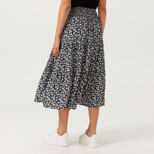 Khoko Collection Women's Print Tiered Crinkle Skirt Black Ditsy