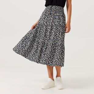 Khoko Collection Women's Print Tiered Crinkle Skirt Black Ditsy