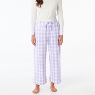 Sash & Rose Women's 3/4 Length Cotton Interlock Sleep Pant Lavender & White
