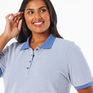 Khoko Collection Women's Stripe Pique Polo Shirt Denim Stripe