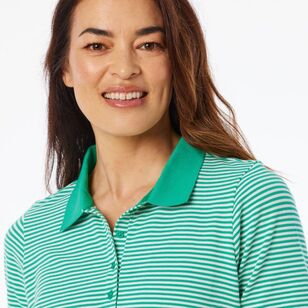 Khoko Collection Women's Stripe Pique Polo Shirt Green Stripe