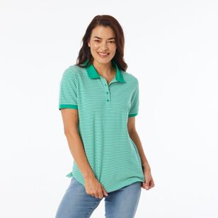 Khoko Collection Women's Stripe Pique Polo Shirt Green Stripe