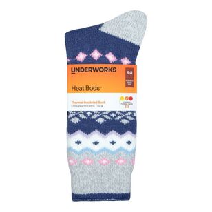 Underworks Women's Heat Bods Brushed Crew Sock Blue Print