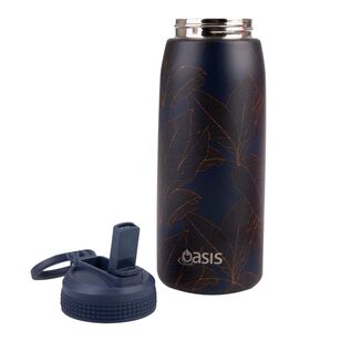 Oasis Double Wall Stainless Steel Insulated 780 mL Sports Bottle With Sipper Straw Navy Leaves